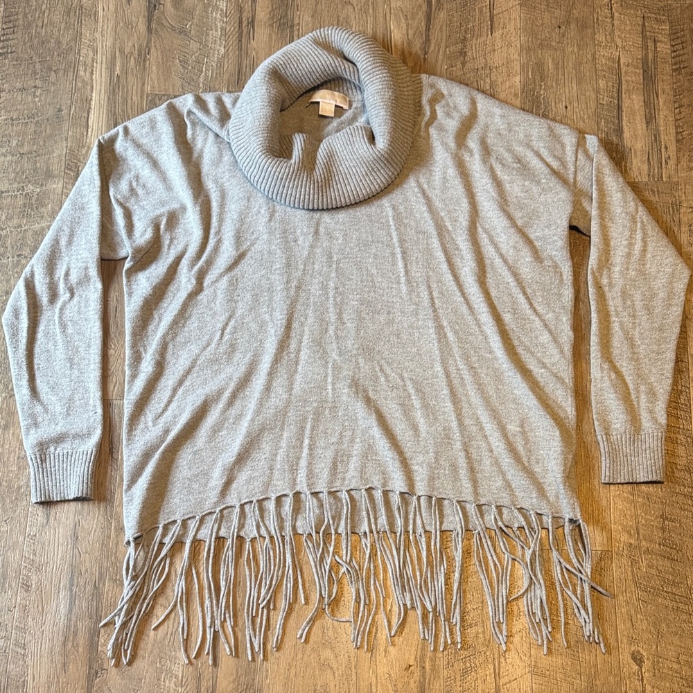 Michael Kors Light Gray Cowl Neck Sweater with Fringe - Size M